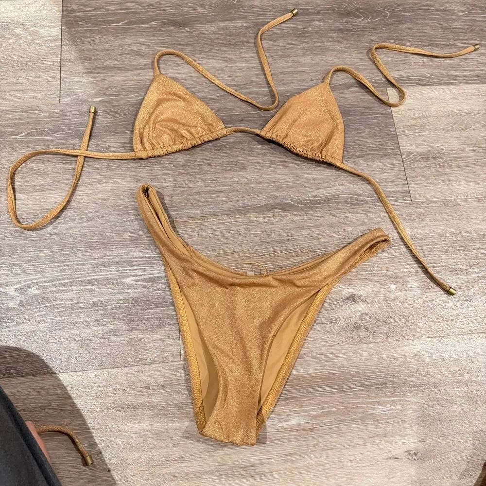 Vitamin A Gia Golden Glow Metallic Triangle Bikini Set Size Small
